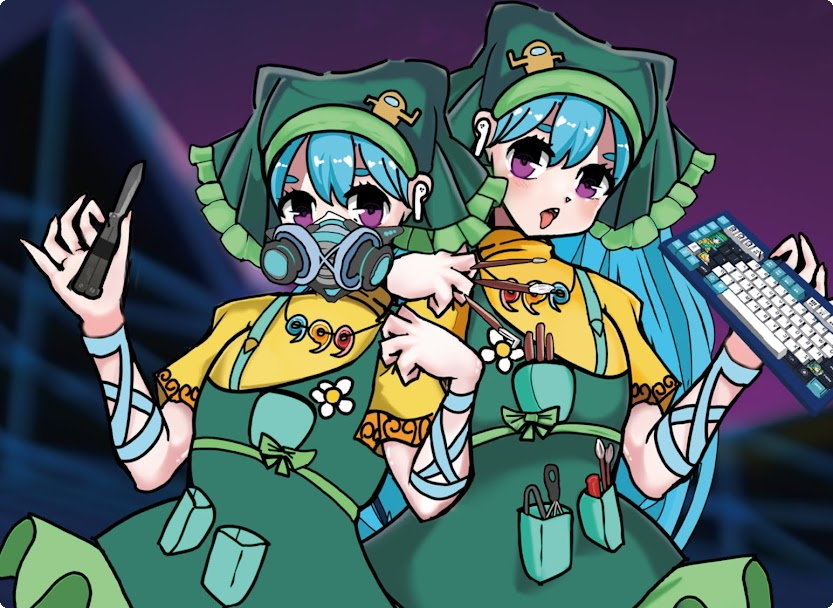 2 keiki holding kei-keyboard and pan